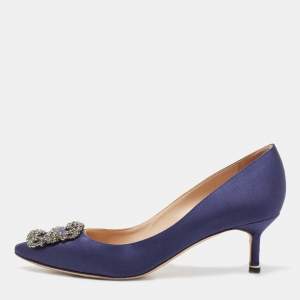 Manolo Blahnik Navy Blue Satin Hangisi Pumps Size 37.5