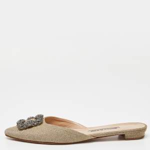 Pre Owned Manolo Blahnik Beige Lurex Fabric Hangisi Flat Mules Size 39