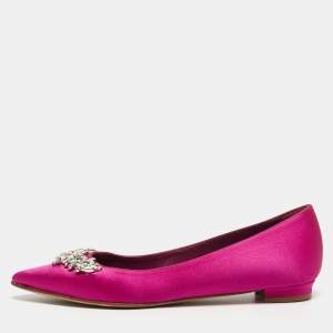 Pre Owned Manolo Blahnik Fuchsia Satin Crystal Embellished Ballet Flats Size 36