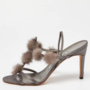 Pre Owned Manolo Blahnik Grey Satin and Mink Pom Pom T-Bar Slingback Sandals Size 38