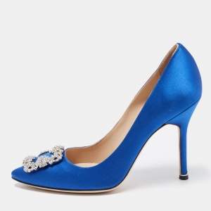Pre Owned Manolo Blahnik Blue Satin Hangisi Crystal Embellished Pointed Toe Pumps Size 38.5