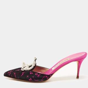 Pre Owned Manolo Blahnik Pink/Black  Satin and Lace Borli Crystal Embellished Mules Size 39.5 