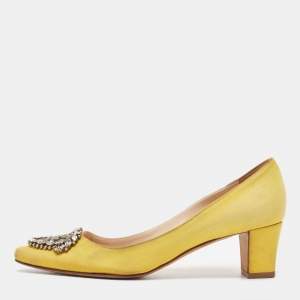 Pre Owned Manolo Blahnik Yellow Fabric Okkato Pumps Size 36.5