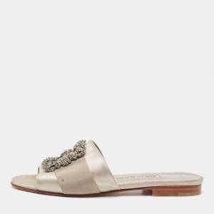Manolo Blahnik Grey Satin Martamod  Flat Slides Size 38 