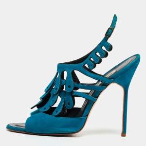 Pre Owned Manolo Blahnik Blue Suede Toubib Ankle Strap Sandals Size 40