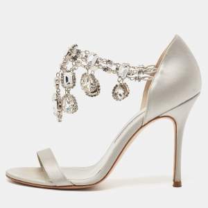 Manolo Blahnik Silver Satin Crystal Embellished Ankle Strap Sandals Size 37