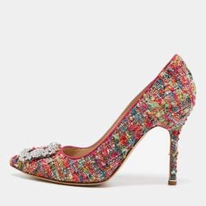 Pre Owned Manolo Blahnik Multicolor Tweed Hangisi Pumps Size 38.5