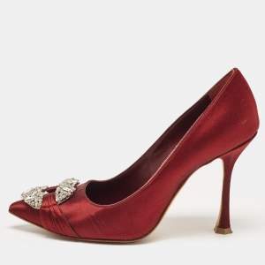 Manolo Blahnik Burgundy Satin Crystal Embellished Pointed Toe Pumps Size 36