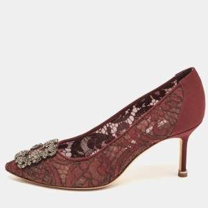 Pre Owned Manolo Blahnik Burgundy Lace and Mesh Hangisi Pointed Toe Pumps Size 36