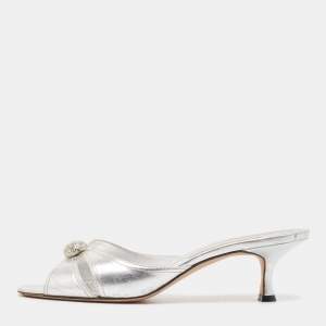 Manolo Blahnik Metallic Silver Leather Crystal Embellished Slide Sandals Size 42