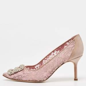 Manolo Blahnik Pink Lace and Mesh Hangisi Pumps Size 38.5