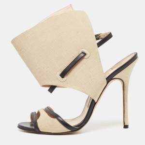 Manolo Blahnik Beige/Black Canvas and Leather Ankle Strap Sandals Size 37.5