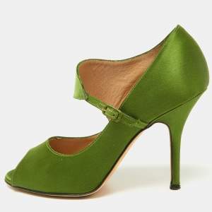 Pre Owned Manolo Blahnik Green Satin Mary Jane Peep Toe Pumps Size 37.5