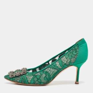Pre Owned Manolo Blahnik Green Lace Hangisi Pumps Size 35.5
