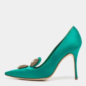 Pre Owned Manolo Blahnik Green Satin Brooch Crystal Embellished Pumps Size 38   