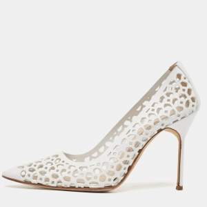 Manolo Blahnik White Leather Lasercut Accents Pumps Size 37