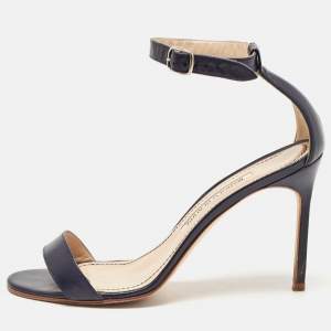 Manolo Blahnik Navy Blue Leather Chaos Ankle Strap Sandals Size 37.5