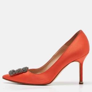 Pre Owned Manolo Blahnik Orange Satin Hangisi Pumps Size 37