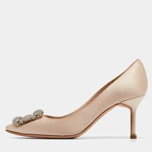 Pre Owned Manolo Blahnik Beige Satin Hangisi Pumps Size 37