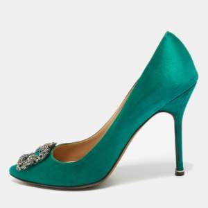 Pre Owned Manolo Blahnik Green Satin Hangisi Pumps Size 42