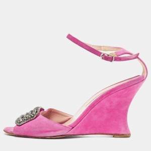 Manolo Blahnik Fuchsia Suede Crystal Embellished Trice Wedge Sandals Size 38.5