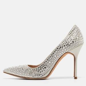 Manolo Blahnik Grey Crystal Embellished Satin BB Pumps Size 38.5