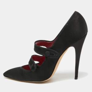 Pre Owned Manolo Blahnik Black Satin Double Strap Mary Jane Pumps Size 36.5
