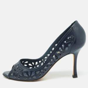 Pre Owned Manolo Blahnik Navy Blue Leather Open Toe Pumps Size 36.5