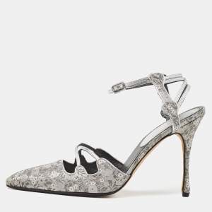 Pre Owned Manolo Blahnik Grey Leather and Brocade Fabric Pointed Toe Strappy Pumps Size 40.5