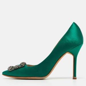 Pre Owned Manolo Blahnik Green Satin Hangisi Pointed Toe Pumps Size 38.5