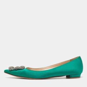 Manolo Blahnik Green Satin Hangisi Ballet Flats Size 37.5