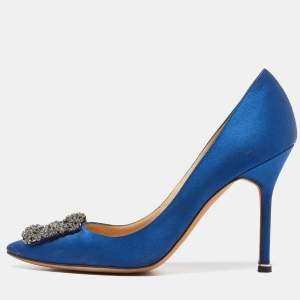 Pre Owned Manolo Blahnik Blue Satin Hangisi Pumps Size 39