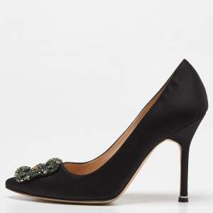 Manolo Blahnik Black Satin Embellished Hangisi Pumps Size 37