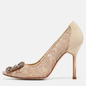 Manolo Blahnik Beige Lace and Satin Hangisi Pumps Size 36.5