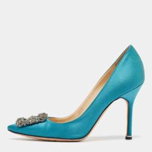 Manolo Blahnik Teal Satin Hangisi Pumps Size 37.5