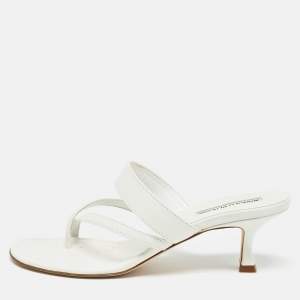 Pre Owned Manolo Blahnik White Leather Susa Slide Sandals Size 38