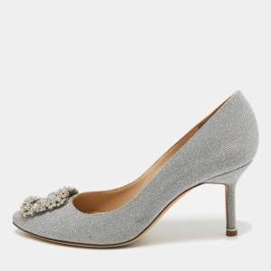 Pre Owned Manolo Blahnik Silver Glitter Hangisi Pumps Size 37.5