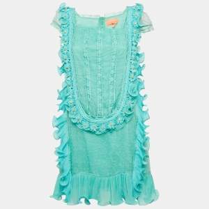 Manoush Sea Green Embellished Silk Ruffle Detail Short Dress S