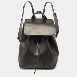 Mansur Gavriel Black Leather Drawstring Flap Backpack