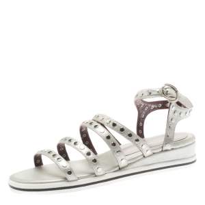 Pre Owned Marc by Marc Jacobs Metallic Silver Leather Gena Studded Ankle Strap Flat Sandals Size 36