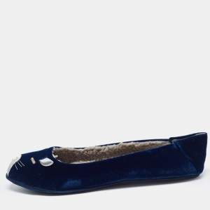 Pre Owned Marc by Marc Jacobs Blue Velvet and Leather Cat Smoking Slippers Size 35.5