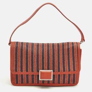 Pre Owned Marc by Marc Jacobs Red/Blue Woven Straw and Leather Flap Shoulder Bag