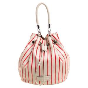 Pre Owned Marc by Marc Jacobs Beige/Red Striped Leather Too Hot To Handle Drawstring Hobo