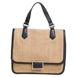 Pre Owned Marc by Marc Jacobs Beige/Black Leather And Straw Top Handle Bag