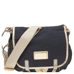 Marc By Marc Jacobs Black/Gold Fabric And Crackle Leather Flap Messenger Bag