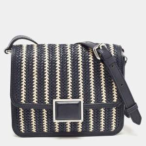Pre Owned Marc By Marc Jacobs Navy Blue/White Woven Raffia and Leather Flap Crossbody Bag
