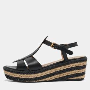 Pre Owned Marc by Marc Jacobs Black Leather Stripe Espadrille Wedge Sandals Size 39