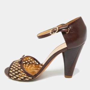 Pre Owned Marc by Marc Jacobs Brown/Gold Leather Bow Ankle Strap Sandals Size 37.5