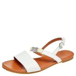 Pre Owned Marc By Marc Jacobs White Leather Bow Flat Slingback Sandals Size 39.5