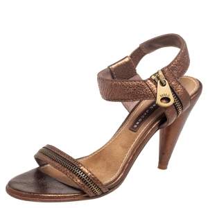 Marc by Marc Jacobs Metallic Bronze Leather Zipper Embellished Ankle Strap Sandals Size 39